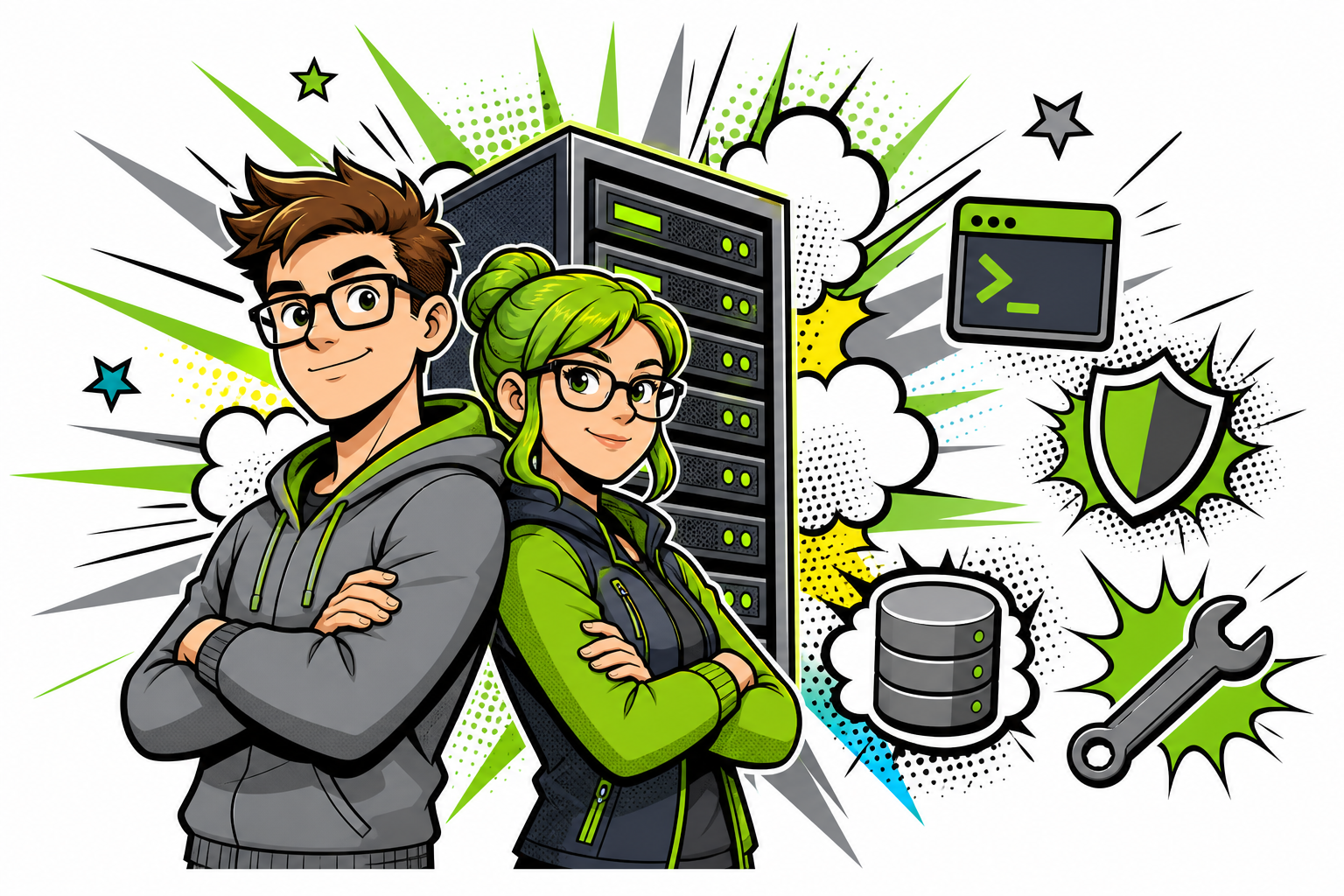 Superhelden-Illustration: Root- und Managed-Server