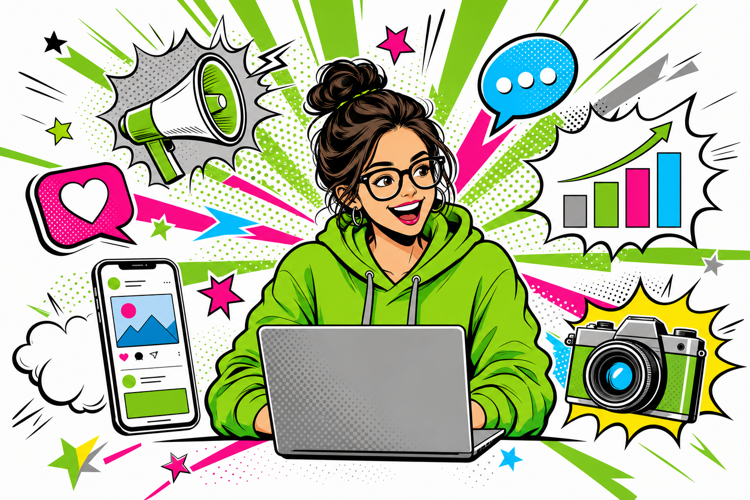Comic: Marketing-Heldin am Laptop mit Megafon, Sprechblasen, Diagramm und Kamera