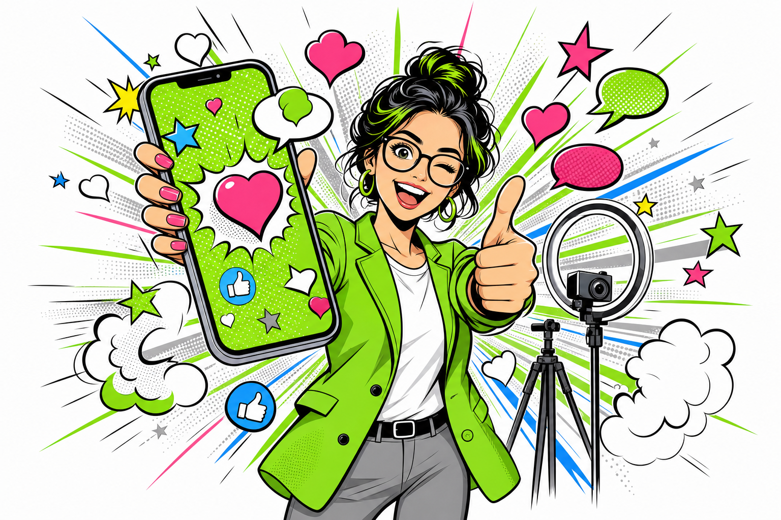 Comic: Heldin zeigt Smartphone mit Likes und Herzen, daneben Ringlicht und Kamera